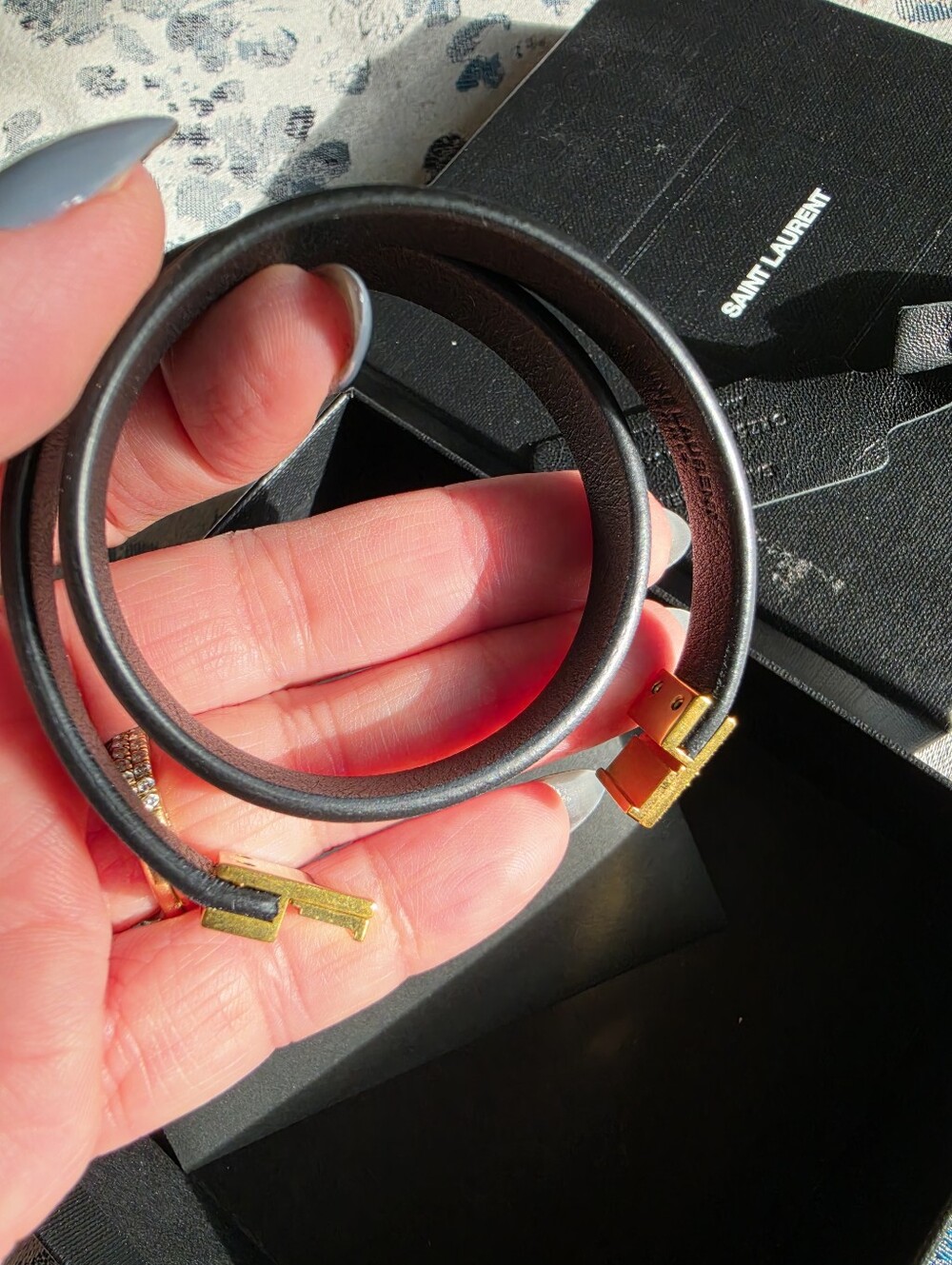 Saint Laurent Black Leather Double Wrap Bracelet Or Choker with Gold T Hardware